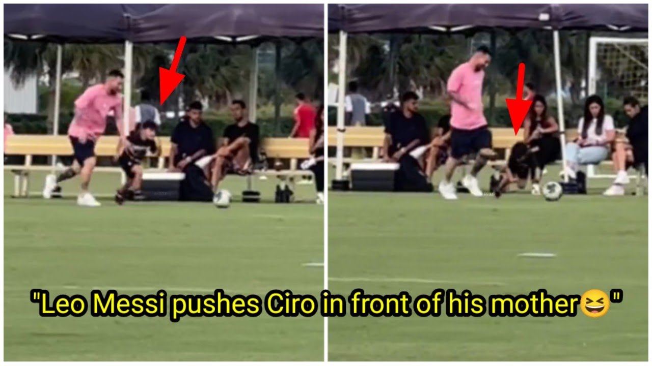 Leo Messi dribbles Ciro, Busquets' son and Jordi Alba's son