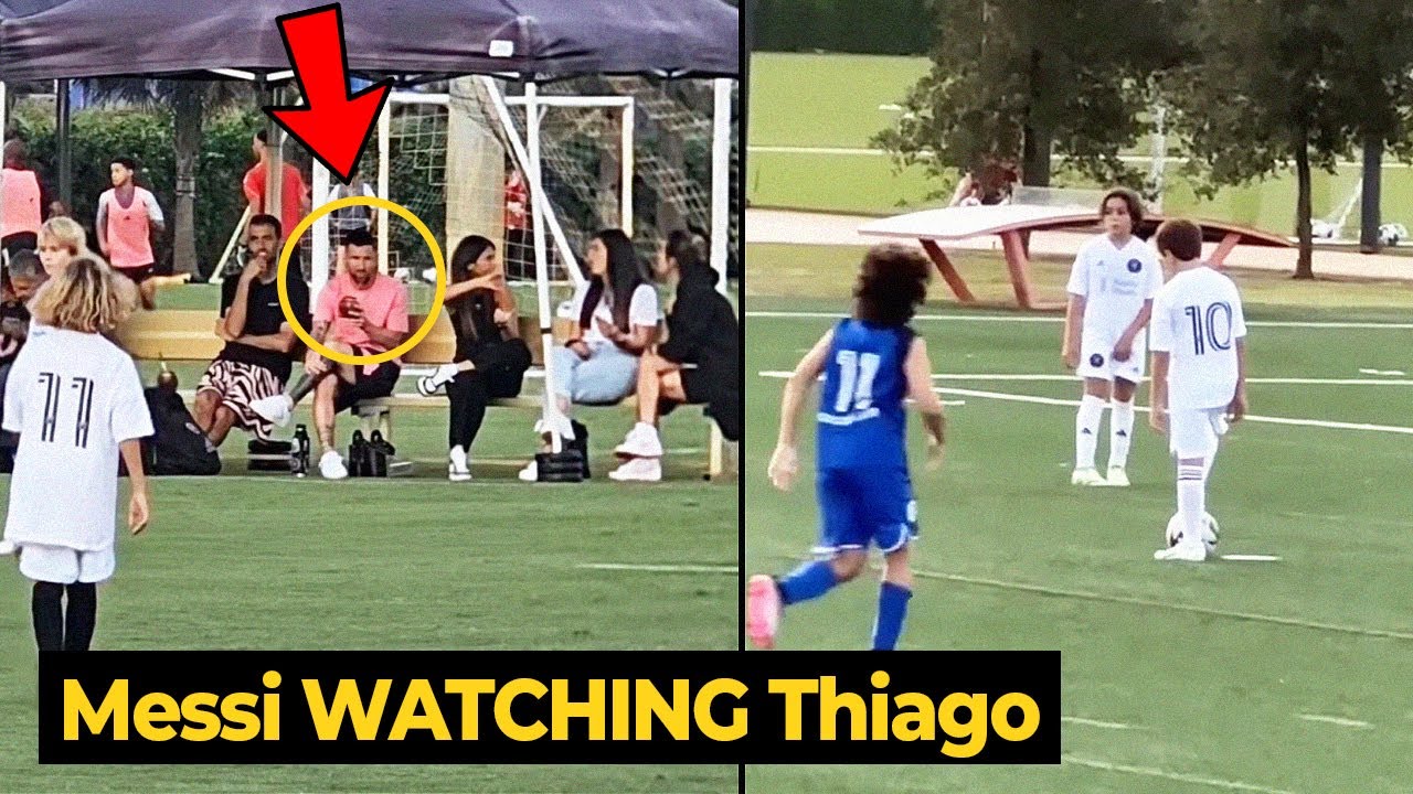 Messi with Antonella and Busquets watching Thiago Messi at