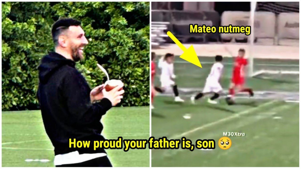 Leo Messi's happy reaction as Mateo nutmegs the defender