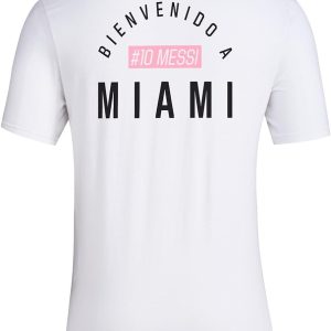 adidas messi x miami football t shirt bienvenido a miami messi graphic logo et #10 disponible en noir et blanc