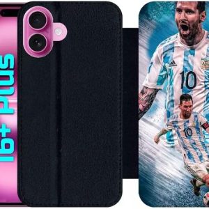 generic flip case pour iphone 16+ lionel messi argentine simili cuir noir