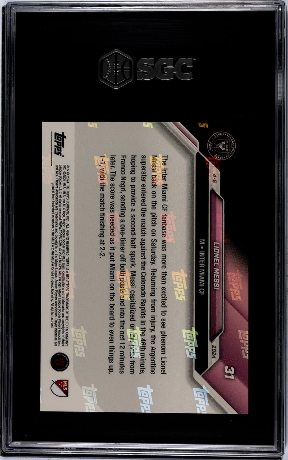 cartes à collectionner mondiales classées lionel messi 2024 topps now mls #31, inter miami, certifié sgc 10 gm, graduée, carte en édition limitée, cartes de football, cartes de football
