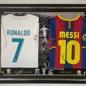 maillots signés lionel messi et cristiano ronaldo cadre de luxe et certificat d'authenticité