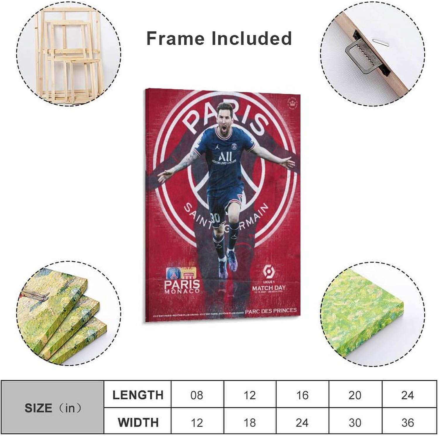 jopjdksn leo messi psg vs monaco affiche murale vintage décorative sur toile pour salon, salle de classe, salle de sport 50 x 75 cm