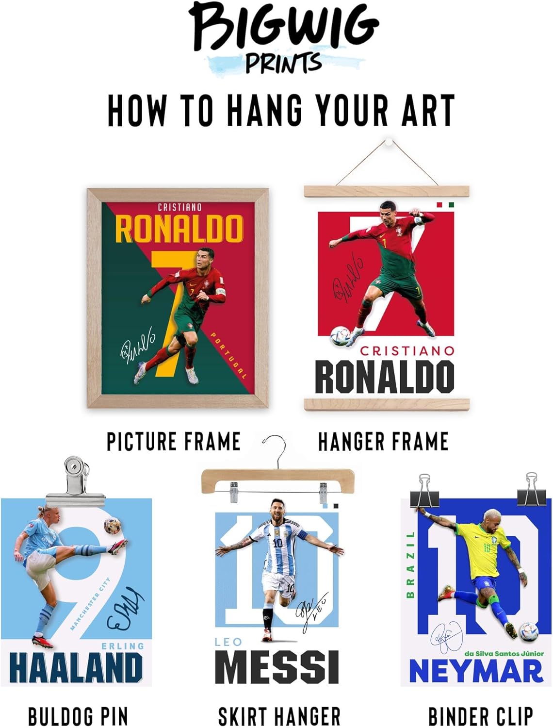 bigwig prints lot de 9 affiches de football pour chambre de garçon, affiches messi et ronaldo, affiches messi pour chambre de garçon, décoration murale de football, affiches ronaldo – sans cadre (8 x 10)
