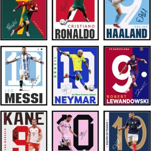 bigwig prints lot de 9 affiches de football pour chambre de garçon, affiches messi et ronaldo, affiches messi pour chambre de garçon, décoration murale de football, affiches ronaldo – sans cadre (8 x 10)