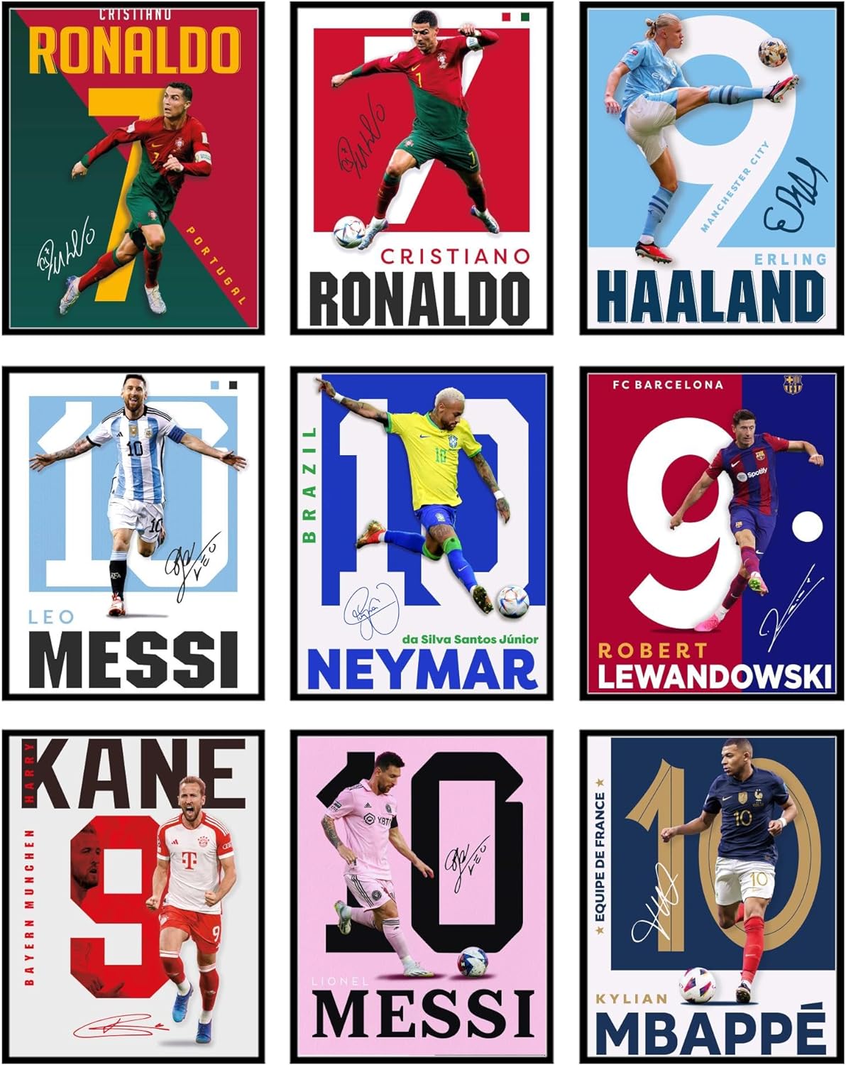 bigwig prints lot de 9 affiches de football pour chambre de garçon, affiches messi et ronaldo, affiches messi pour chambre de garçon, décoration murale de football, affiches ronaldo – sans cadre (8 x 10)