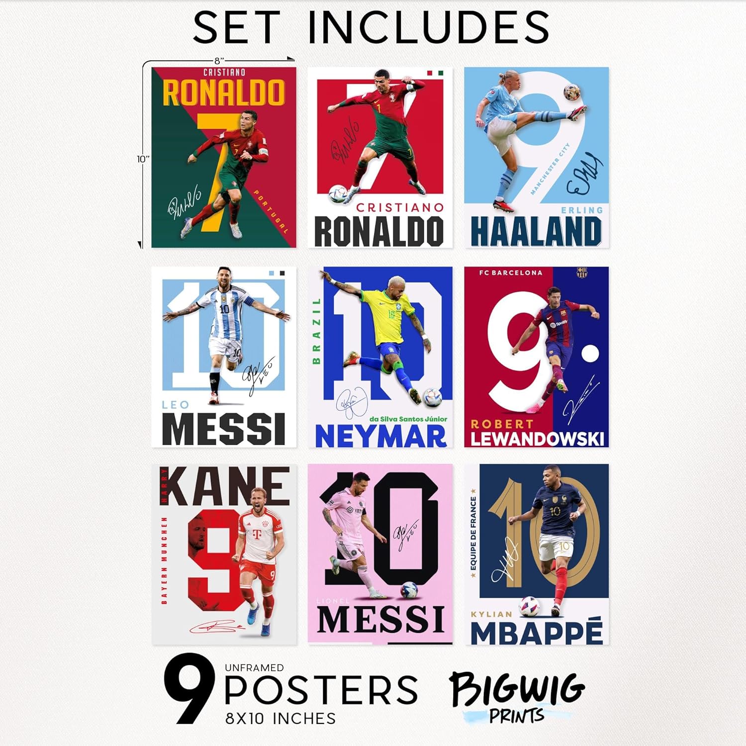 bigwig prints lot de 9 affiches de football pour chambre de garçon, affiches messi et ronaldo, affiches messi pour chambre de garçon, décoration murale de football, affiches ronaldo – sans cadre (8 x 10)