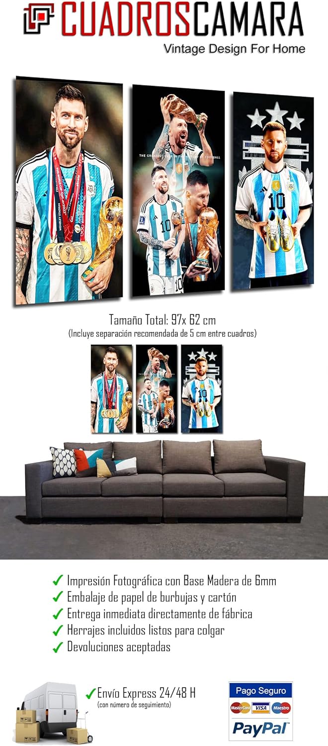 cuadros cámara lot de 3 posters muraux décoratifs pour salon, chambre à coucher, football messi argentine 97 x 62 cm