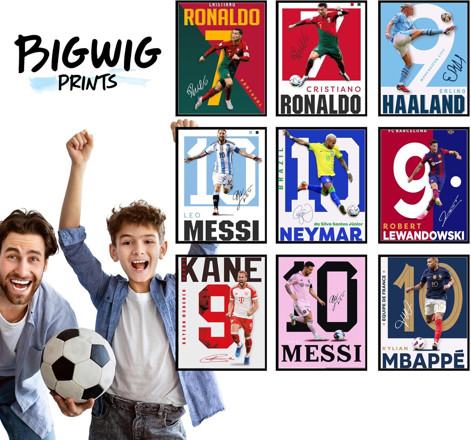 bigwig prints lot de 9 affiches de football pour chambre de garçon, affiches messi et ronaldo, affiches messi pour chambre de garçon, décoration murale de football, affiches ronaldo – sans cadre (8 x 10)