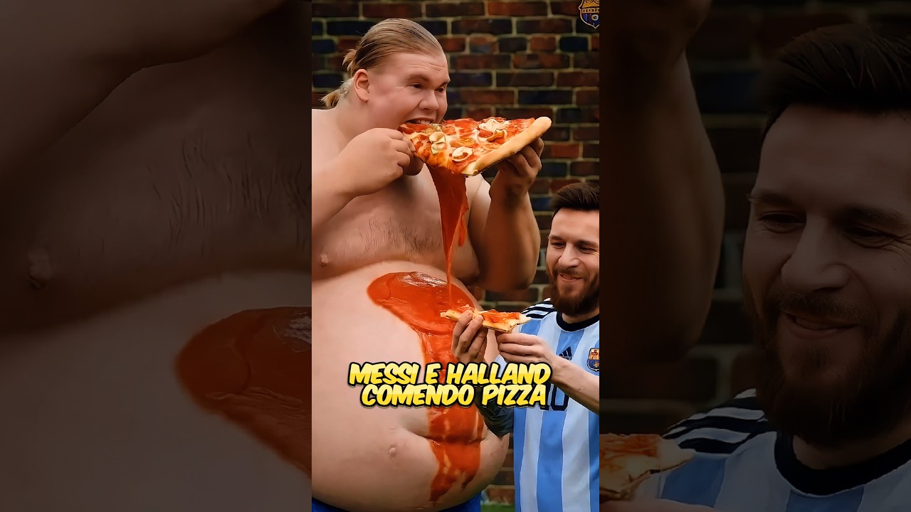 Halland dévorant une pizza avec Lionel Messi