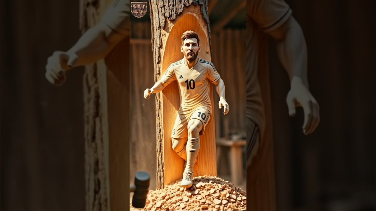L'IA sculpte Lionel Messi dans une bûche géante ⚽ Incroyable transformation du bois #messi #football #asmr